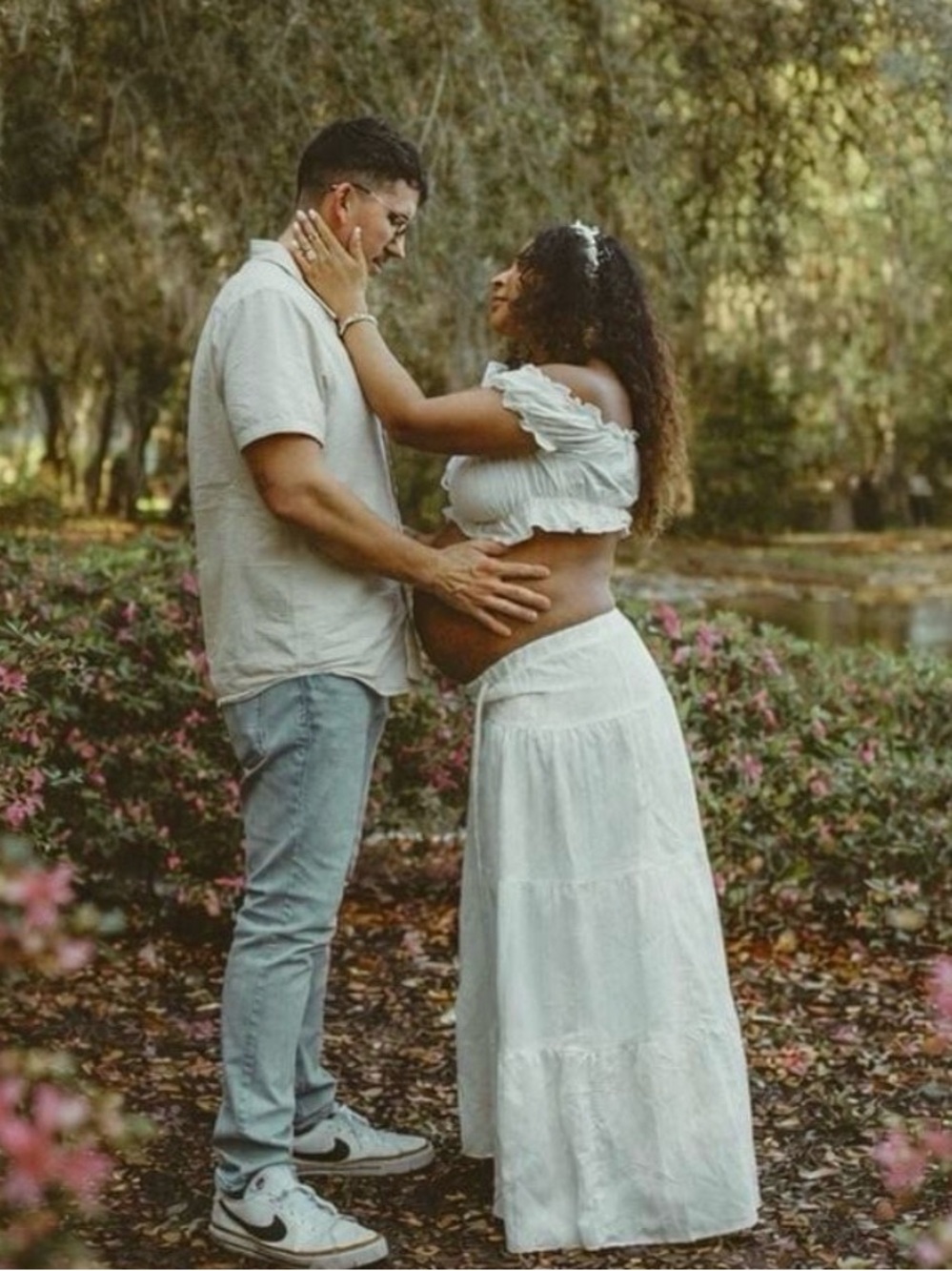White Two-Piece Maternity Set - Off-Shoulder Crop Top & Maxi Skirt ♡